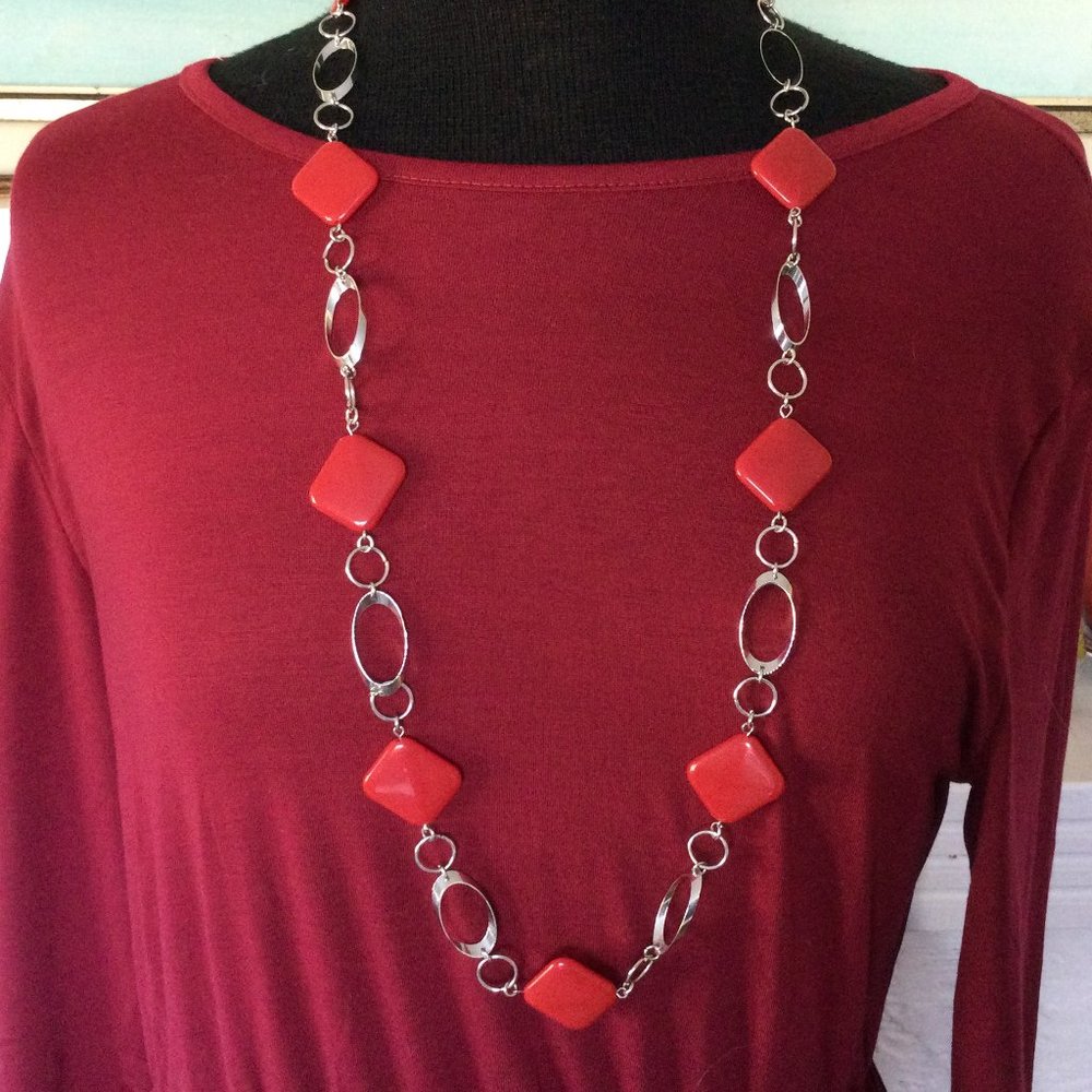 Candy Apple Red  and Silver Long Necklace